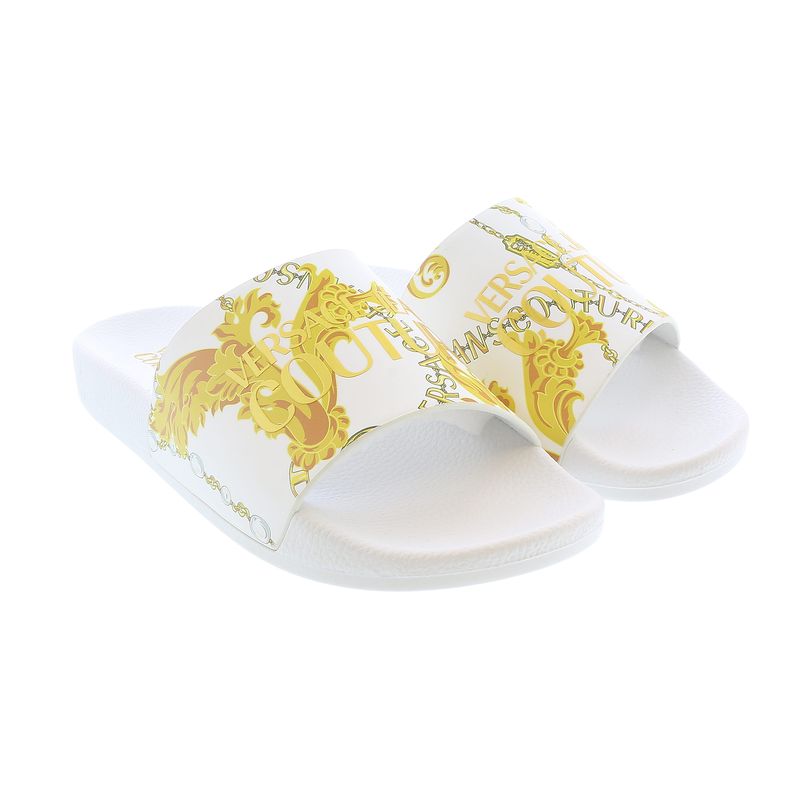 Versace Jeans Couture White/Gold Ladies Signature Pattern Pool Slide